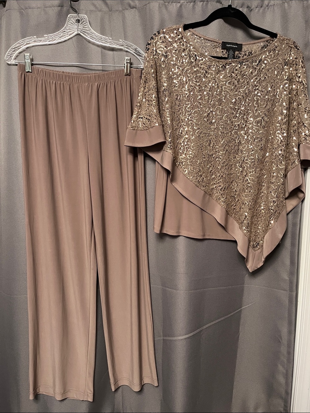 R&M Richards Taupe Sequin Poncho Top with Taupe Wide-Leg Pants